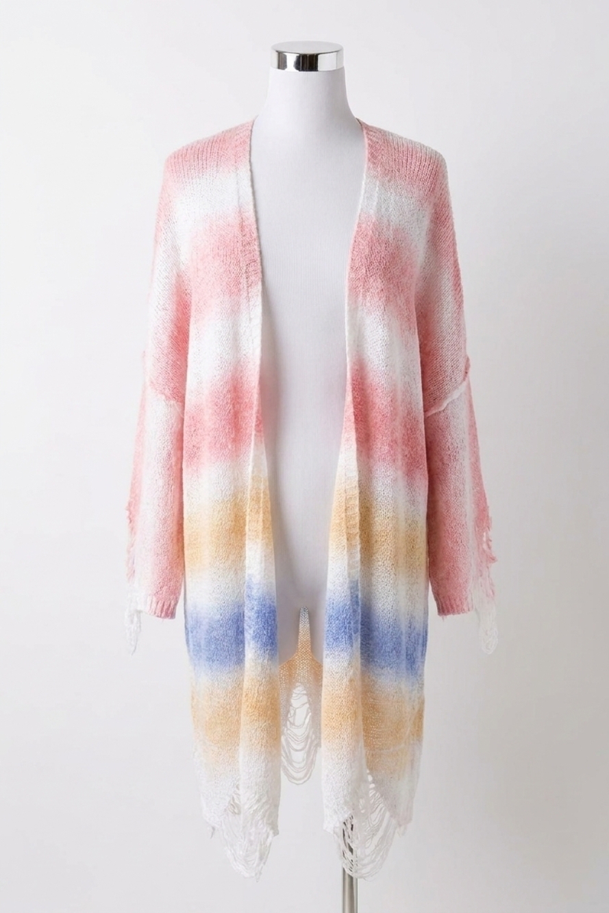 NEW POL rainbow distressed cardigan in berry
